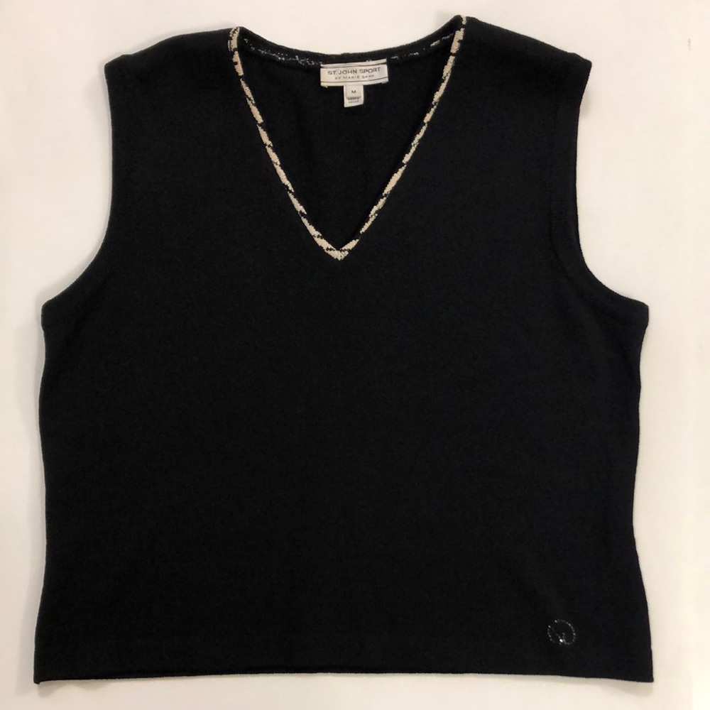 St. John Sport by Marie Gray M Black Tank Top V- neck Trim Beige Black Excellent